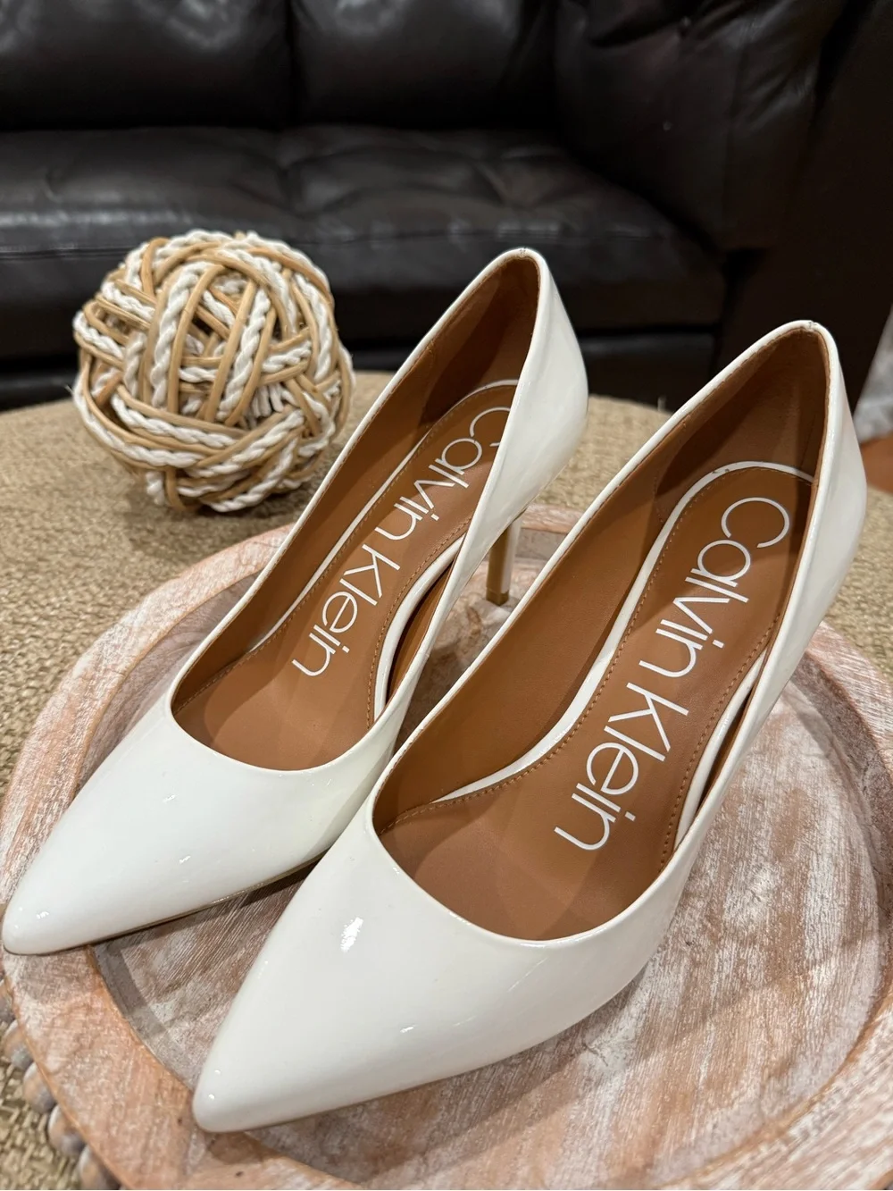 Calvin Klein White Pointed-Toe Women's stilleto with Brown Insole